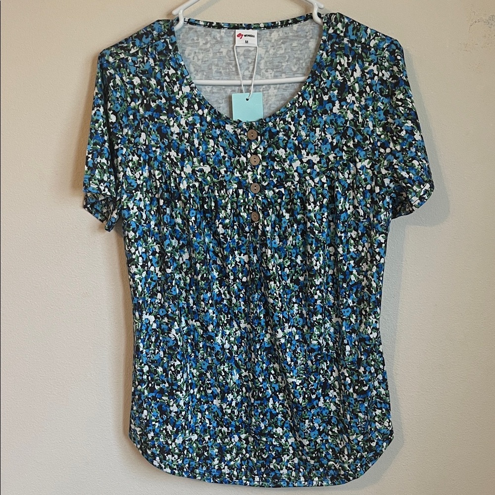 Blue Floral Short-Sleeve Button Front Tee